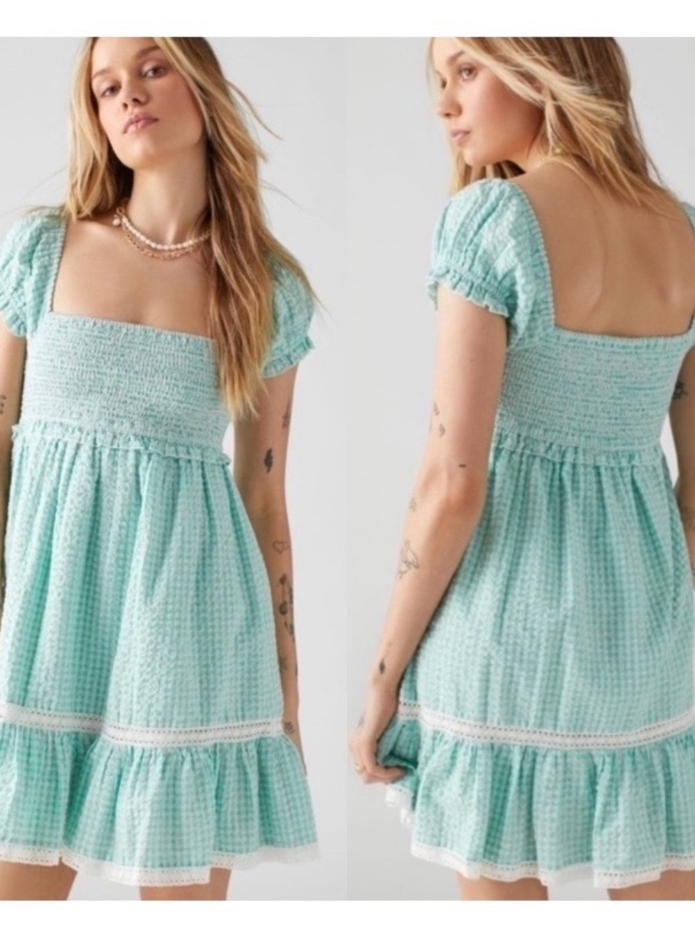 Urban Outfitters Mint Smocked Square-Neck Mini Dress
